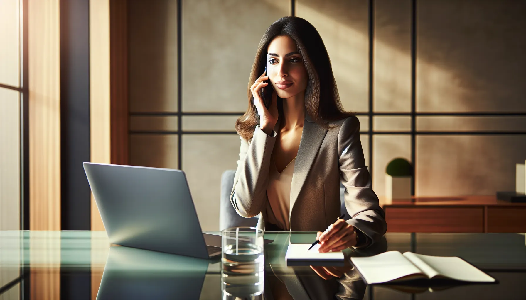 professional person on a call with notes in a modern office.