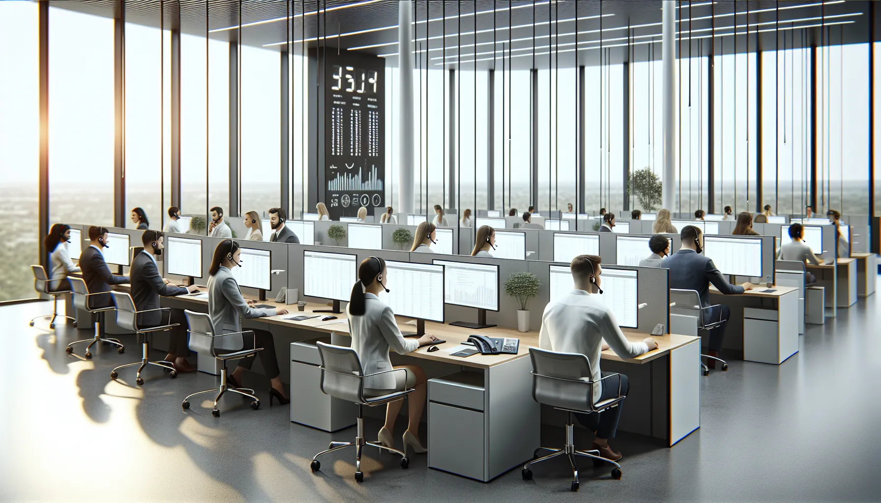 customer service team assisting clients in a modern office.