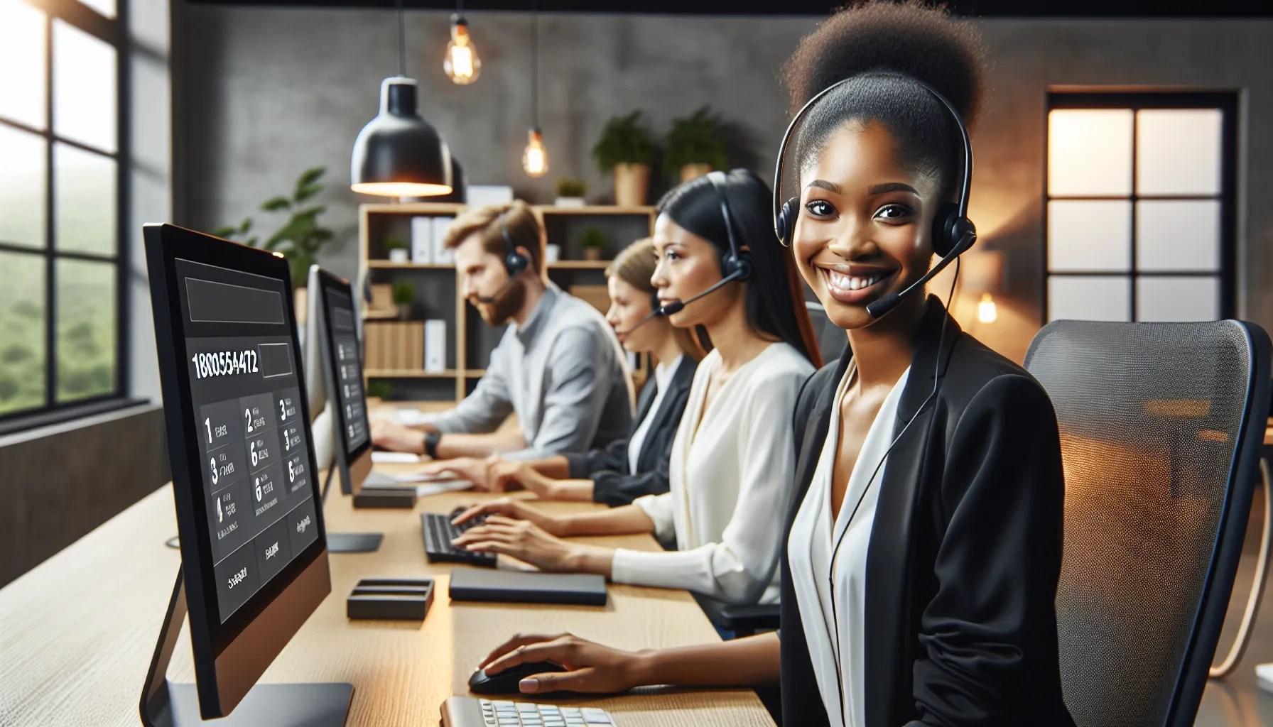 diverse customer service team assisting clients in a modern office.